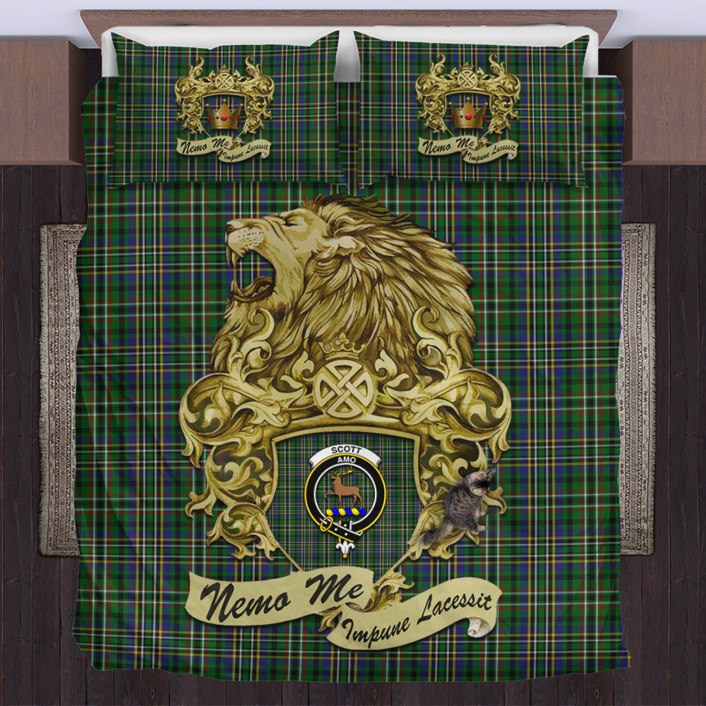 scott-green-tartan-bedding-set-motto-nemo-me-impune-lacessit-with-vintage-lion-family-crest-tartan-plaid-duvet-cover-scottish-tartan-plaid-comforter-vintage-style