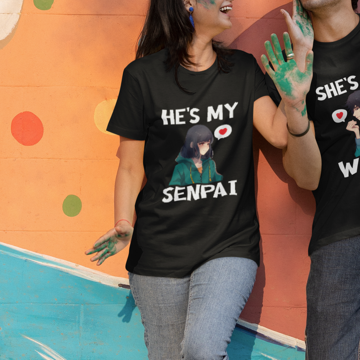 Valentine's Day Couple Matching T Shirt For Women He's My Senpai Funny Anime Girlfriend - Wonder Print Shop