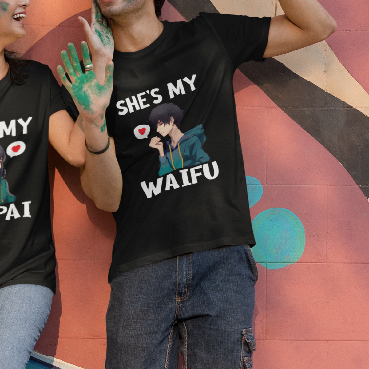 Valentine's Day Couple Matching T Shirt She's My Waifu Funny Anime Boyfriend - Wonder Print Shop
