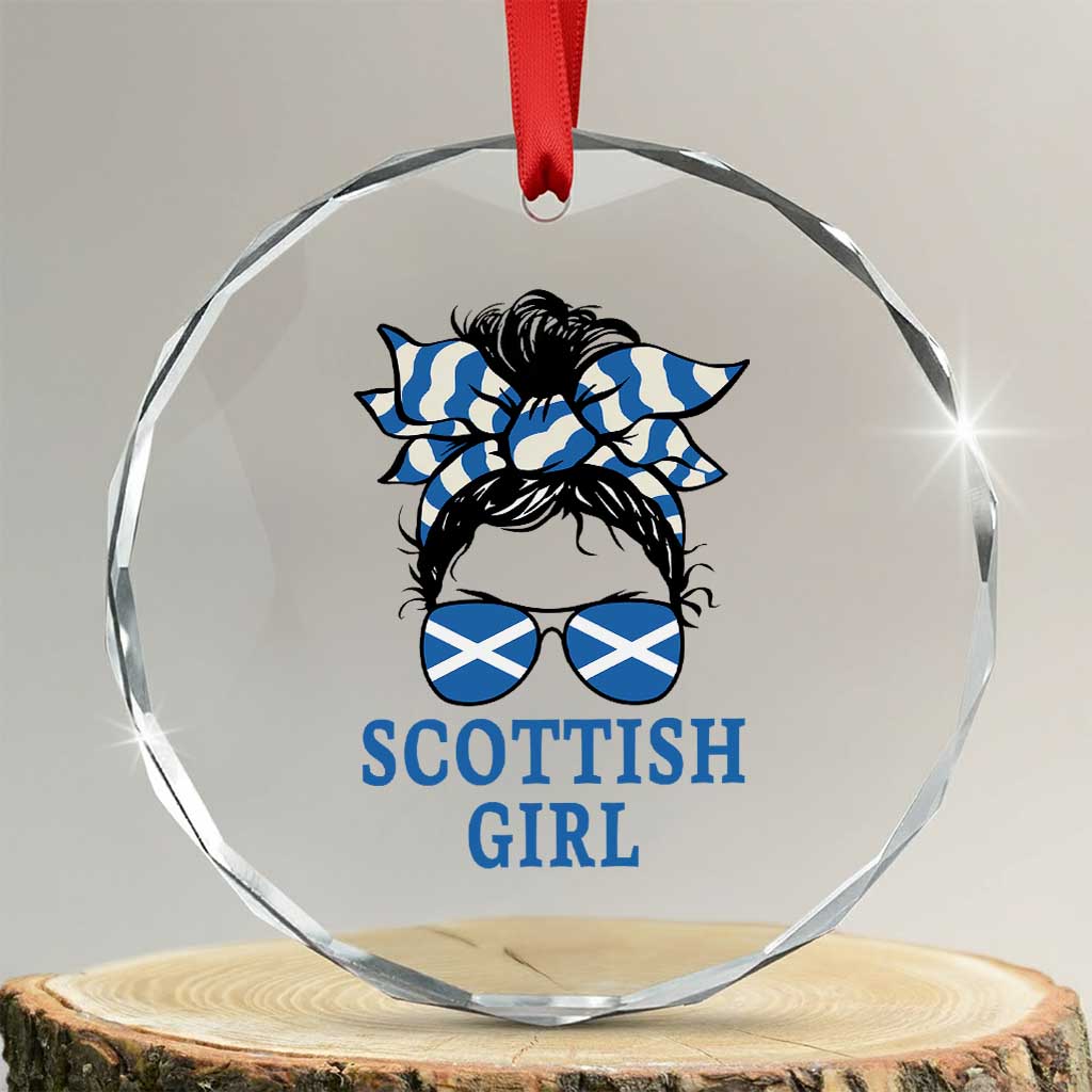 Scottish Girl Messy Bun Hair Saltire Flag Ribbon Bow Crystal Glass Ornament Scotland Pride for Girls Women