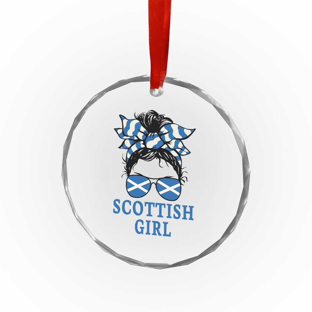 Scottish Girl Messy Bun Hair Saltire Flag Ribbon Bow Crystal Glass Ornament Scotland Pride for Girls Women
