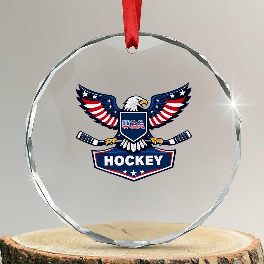 Screaming American Eagle Hockey Pride Graphic Crystal Glass Ornament Proud USA Ice Sticks Sports Fan