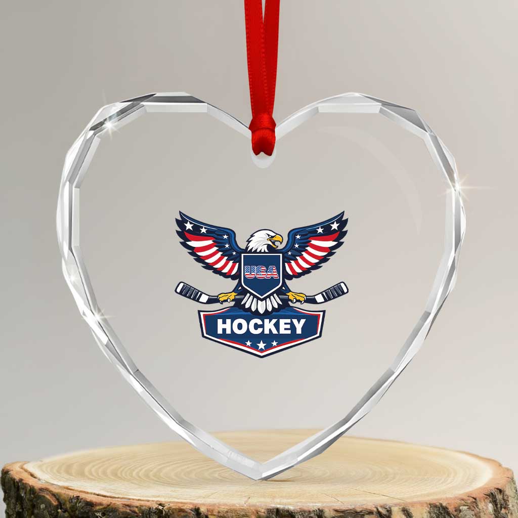 Screaming American Eagle Hockey Pride Graphic Heart Crystal Glass Ornament Proud USA Ice Sticks Sports Fan