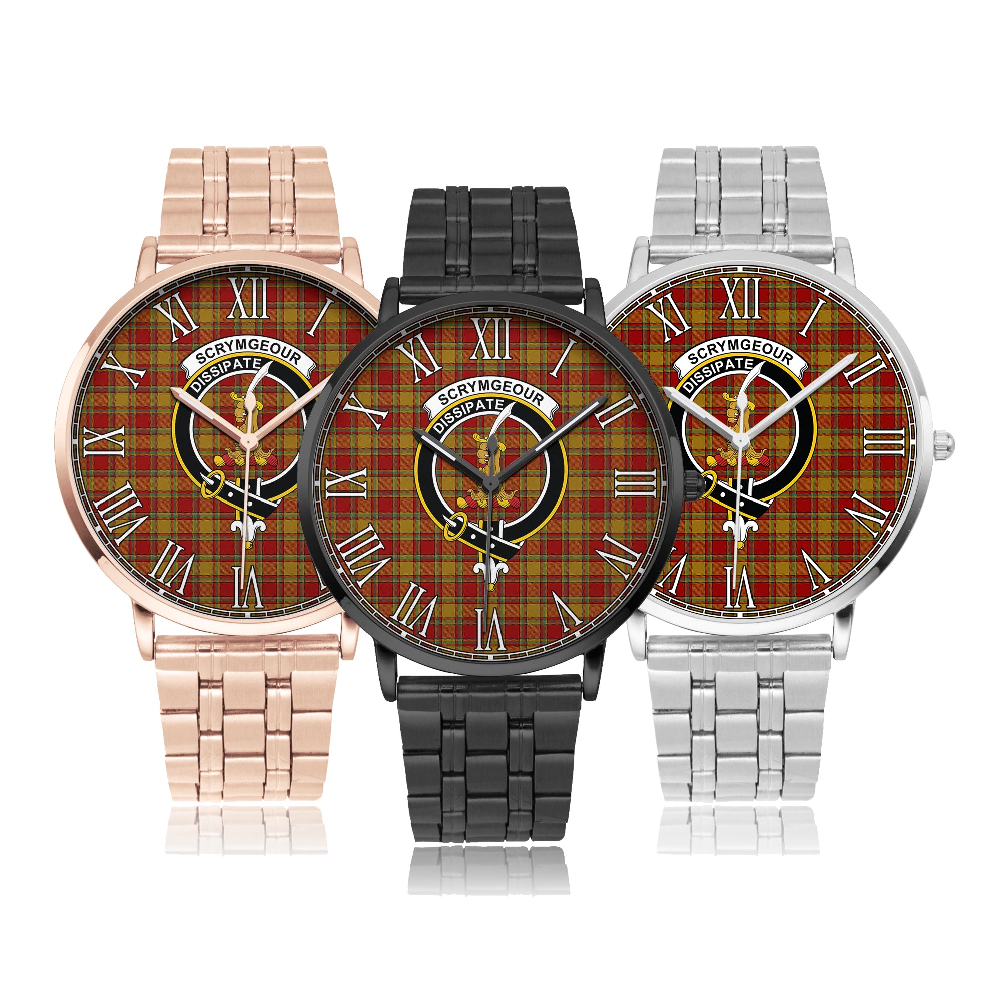 scrymgeour-family-crest-quartz-watch-with-stainless-steel-trap-tartan-instafamous-quartz-stainless-steel-watch