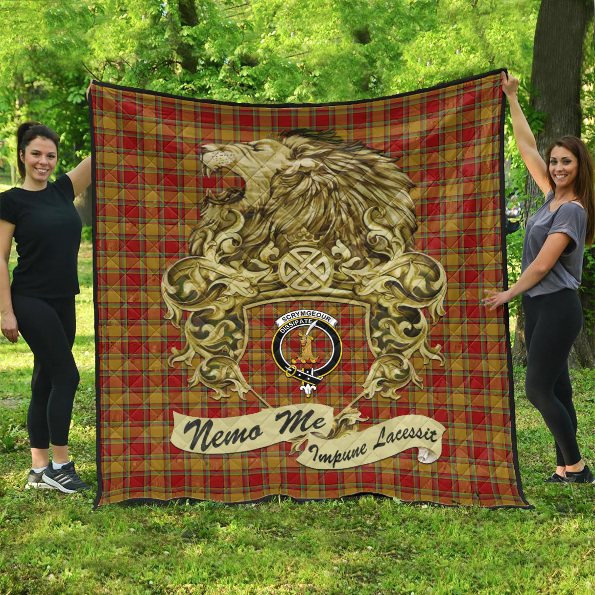scrymgeour-tartan-quilt-with-motto-nemo-me-impune-lacessit-with-vintage-lion-family-crest-tartan-quilt-pattern-scottish-tartan-plaid-quilt-vintage-style