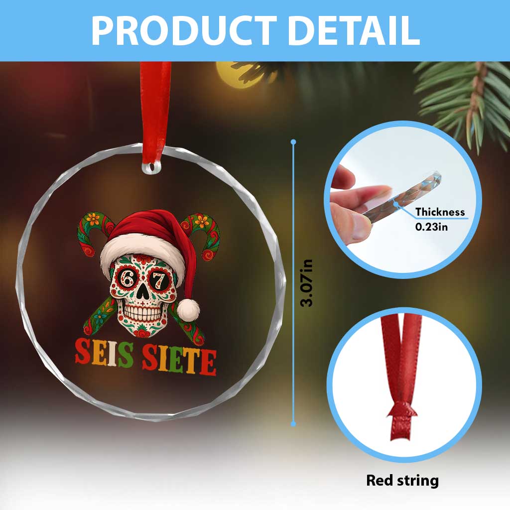 Seis Siete Christmas Meme Crystal Glass Ornament Sugar Skull 67 Santa Hat Candy Canes - Wonder Print Shop