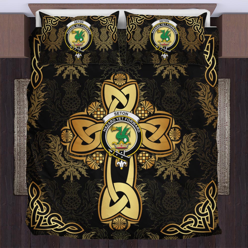 seton-clan-crest-golden-celtic-cross-thistle-style-bedding-set