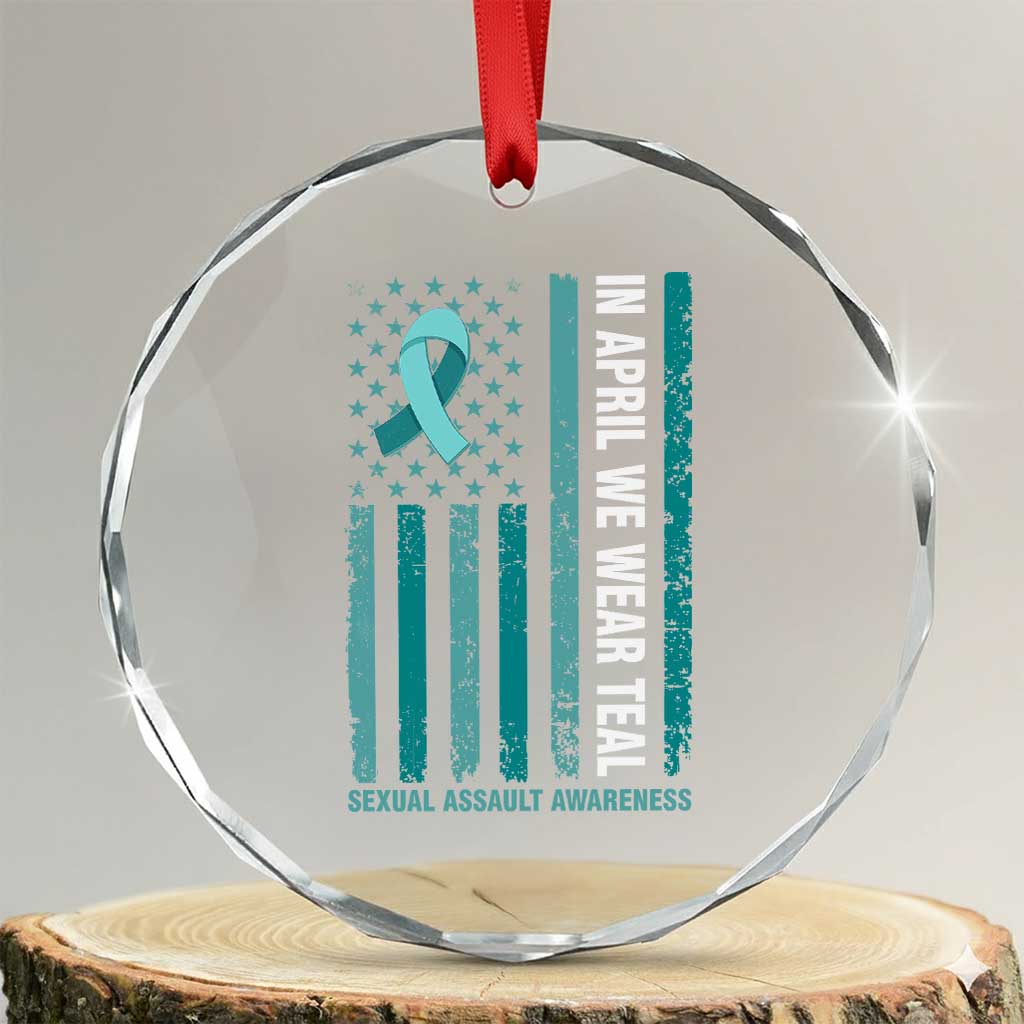 Sexual Assault Awareness American Flag Crystal Glass Ornament In April We Wear Teal Ribbon