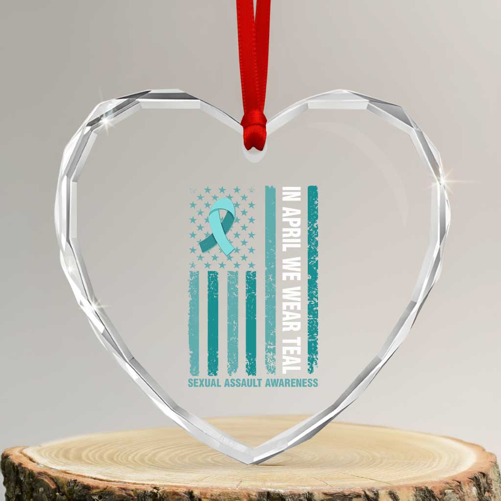 Sexual Assault Awareness American Flag Heart Crystal Glass Ornament In April We Wear Teal Ribbon