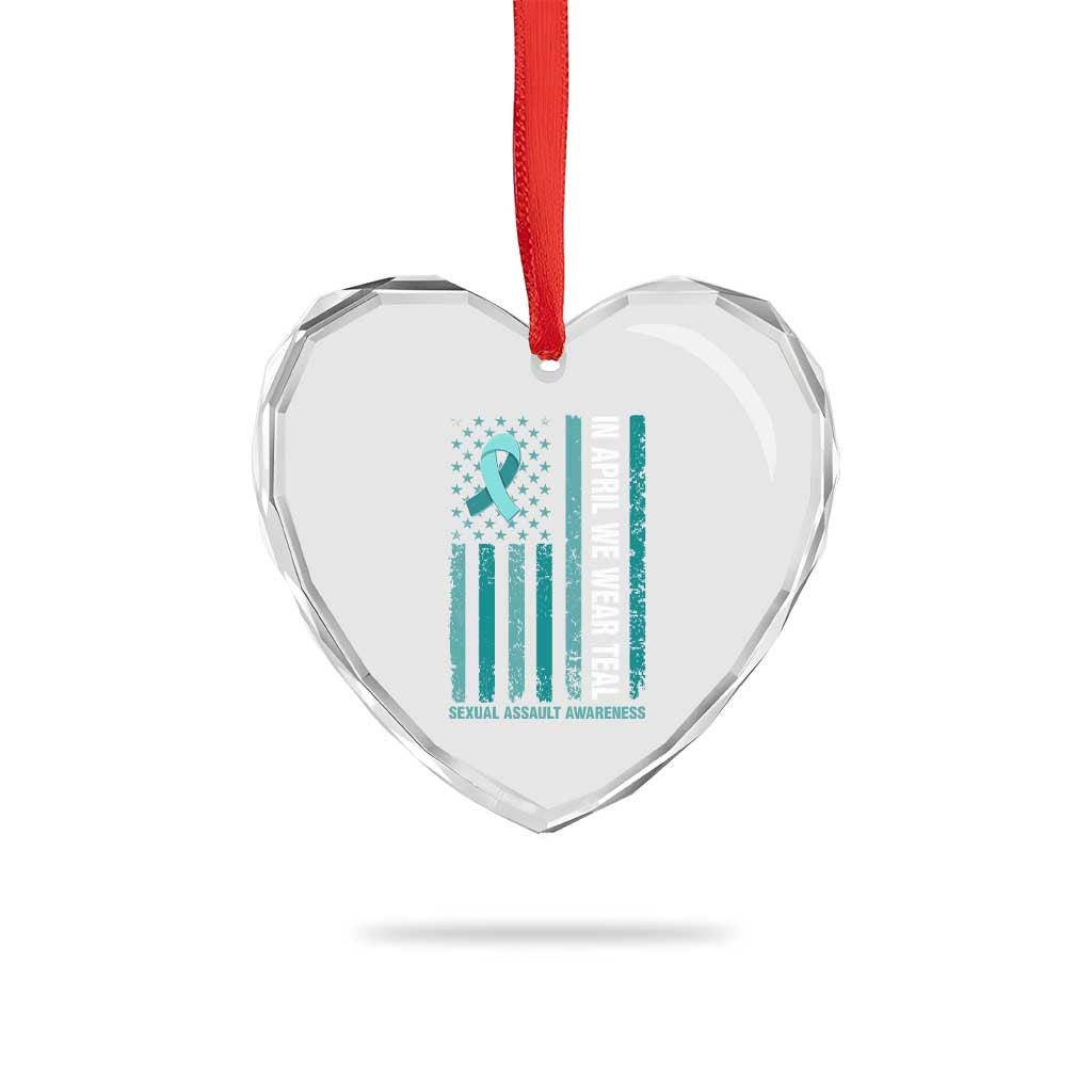 Sexual Assault Awareness American Flag Heart Crystal Glass Ornament In April We Wear Teal Ribbon