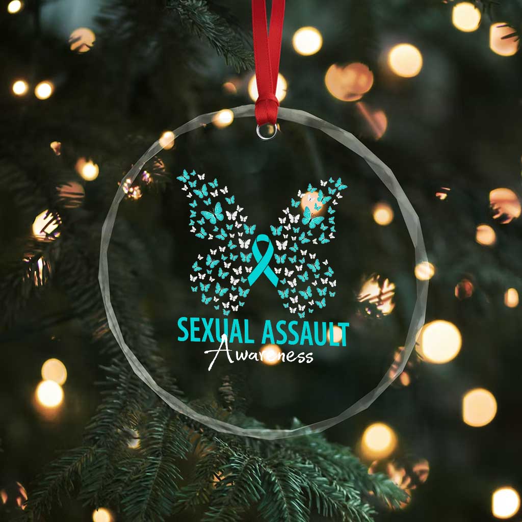 Sexual Assault Awareness Butterfly Ribbon Crystal Glass Ornament
