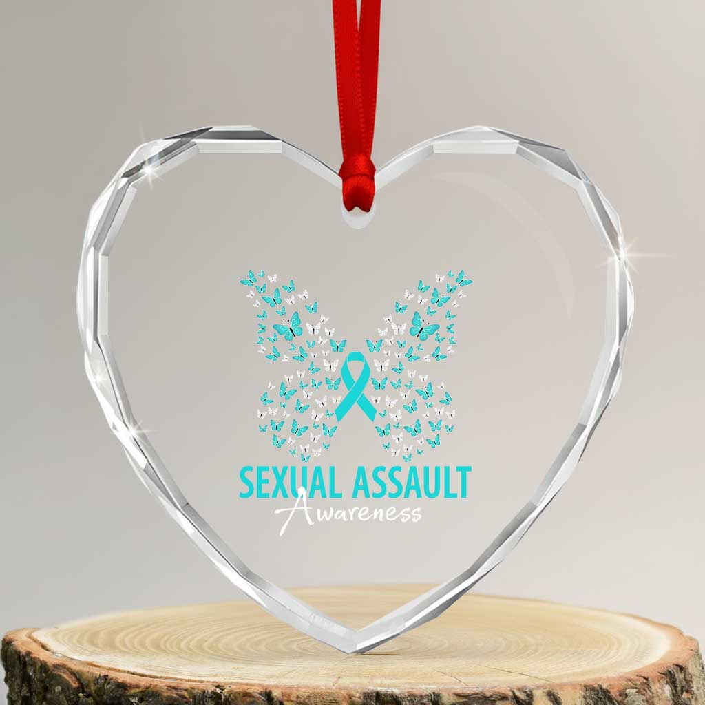 Sexual Assault Awareness Butterfly Ribbon Heart Crystal Glass Ornament