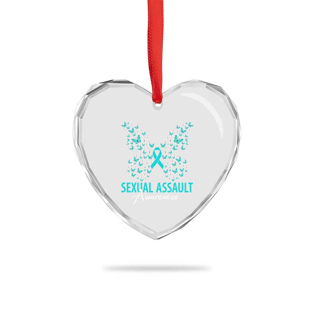 Sexual Assault Awareness Butterfly Ribbon Heart Crystal Glass Ornament