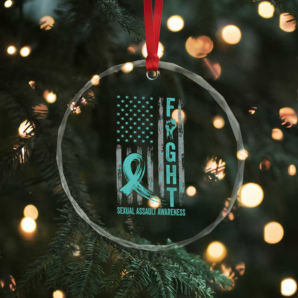 Sexual Assault Awareness Crystal Glass Ornament Fight Cancer American Flag Teal Ribbon