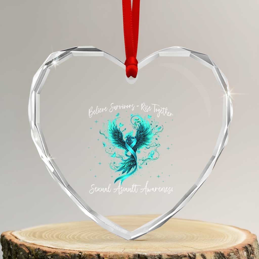 Sexual Assault Awareness Heart Crystal Glass Ornament Phoenix Bird Reborn Rising Born Again Firebird Teal Ribbon