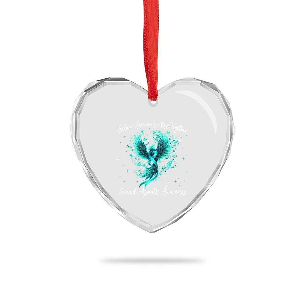 Sexual Assault Awareness Heart Crystal Glass Ornament Phoenix Bird Reborn Rising Born Again Firebird Teal Ribbon