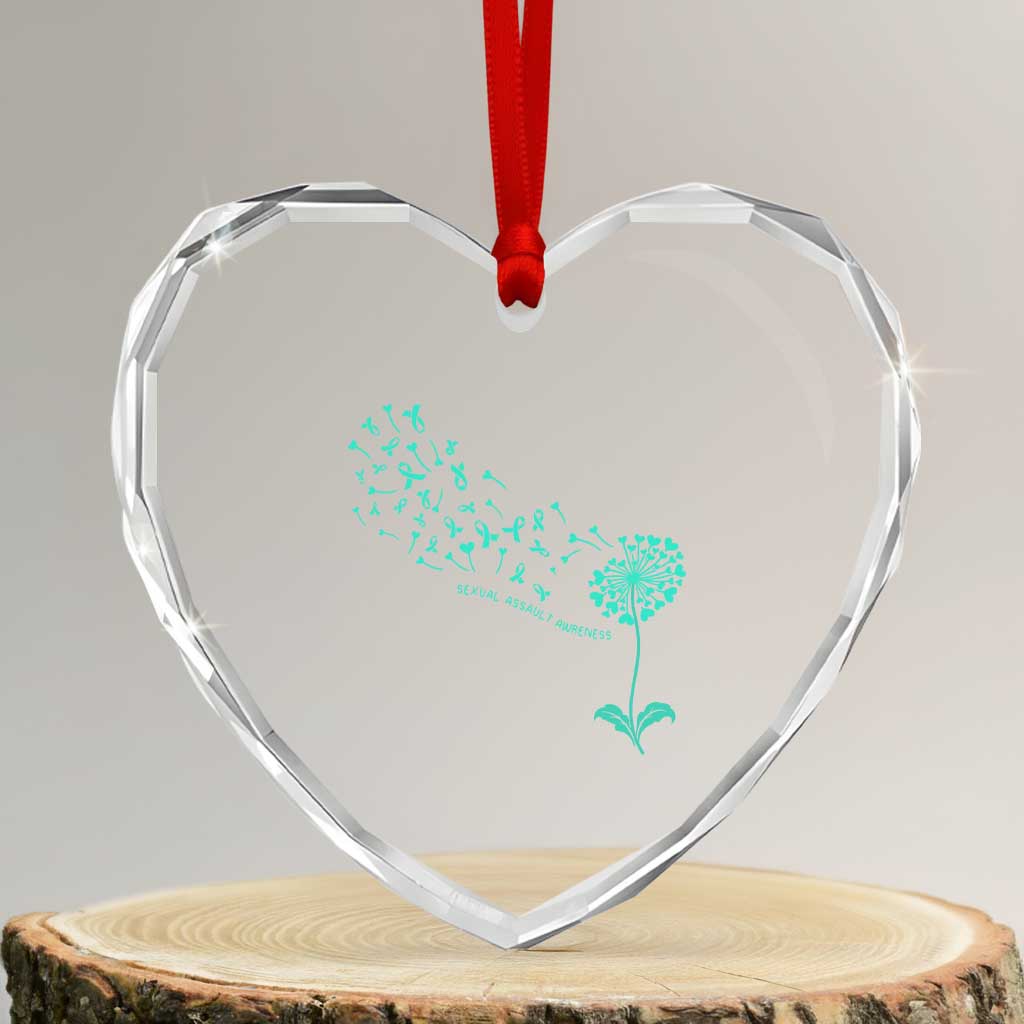 Sexual Assault Awareness Heart Crystal Glass Ornament Teal Dandelion Ribbons