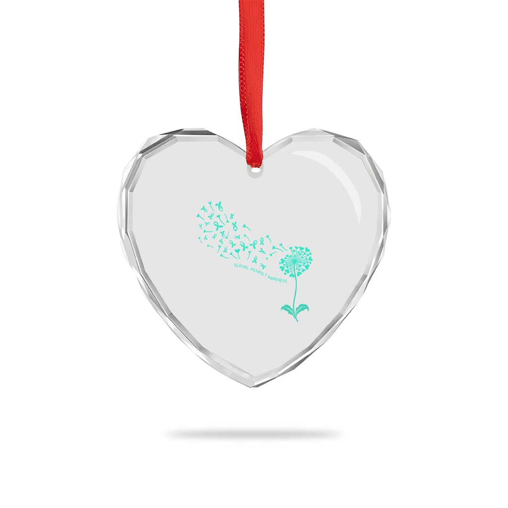 Sexual Assault Awareness Heart Crystal Glass Ornament Teal Dandelion Ribbons