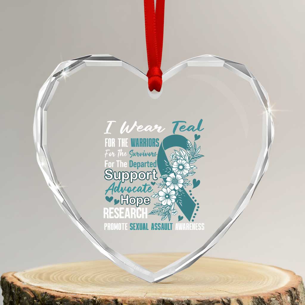 Sexual Assault Awareness Heart Crystal Glass Ornament Teal Ribbon Flower