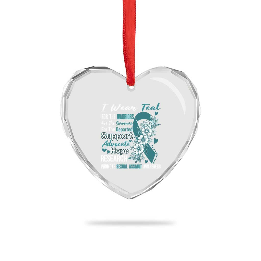 Sexual Assault Awareness Heart Crystal Glass Ornament Teal Ribbon Flower