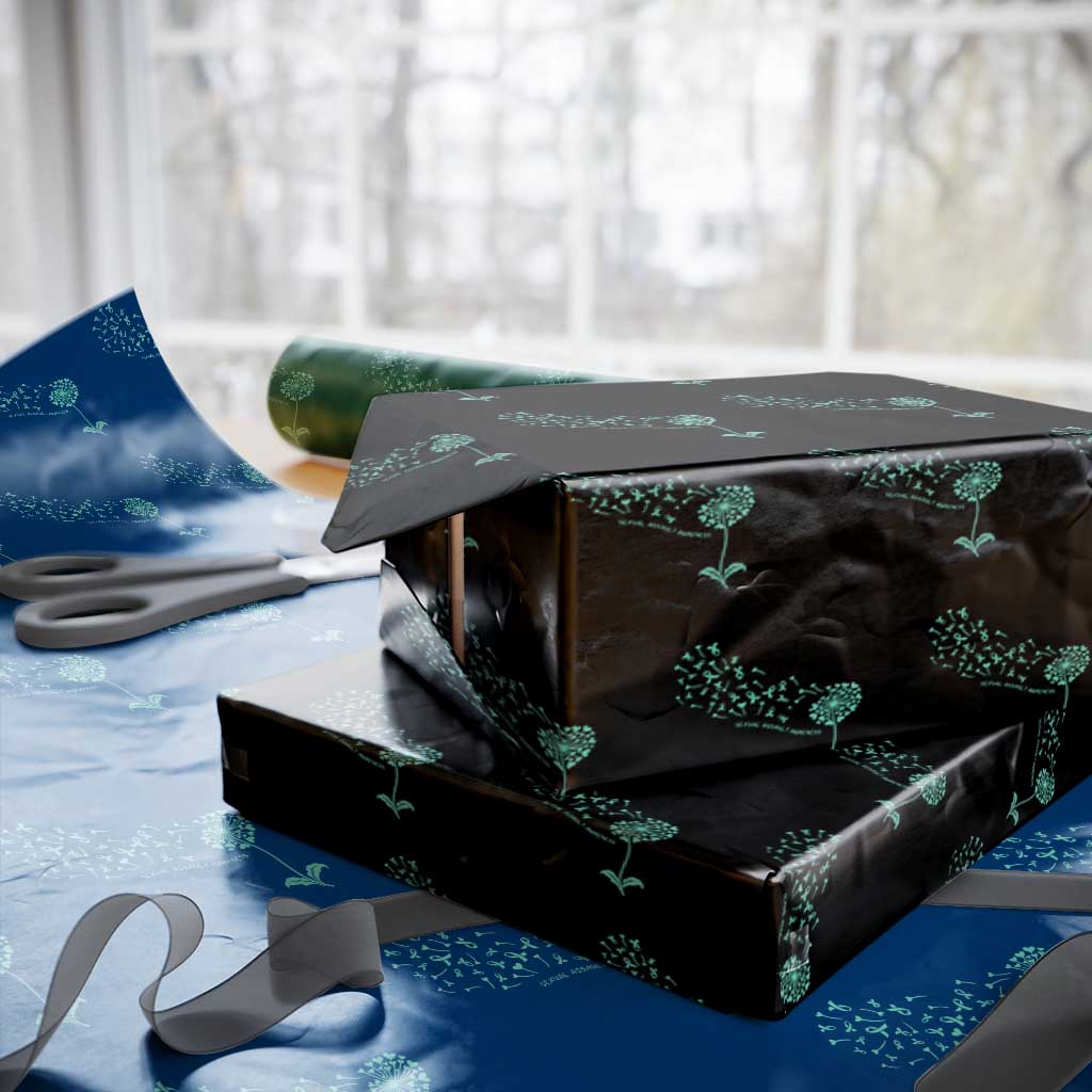 Sexual Assault Awareness Wrapping Paper Roll Teal Dandelion Ribbons