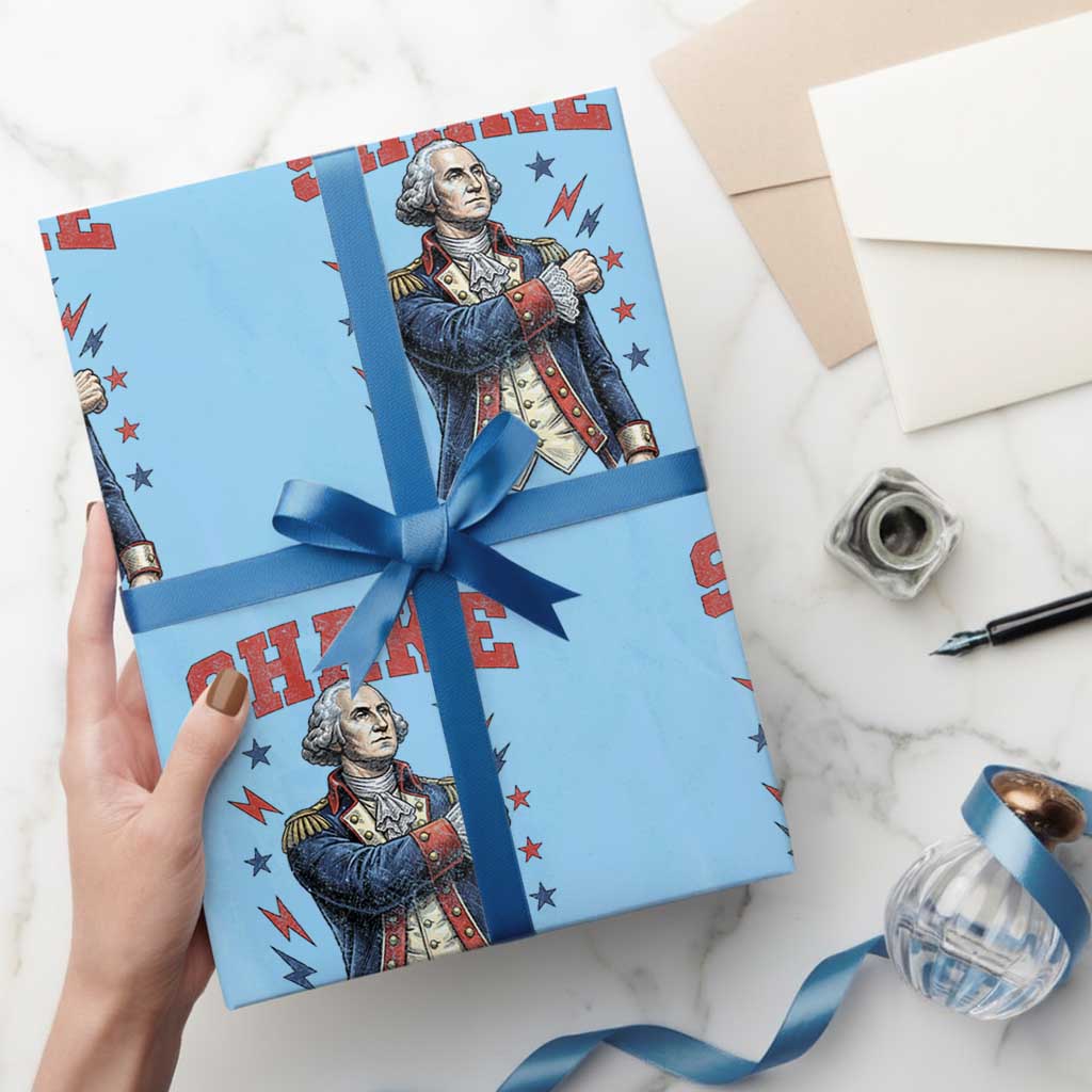 Shake Funny George Washington Patriotic Graphic Matching Wrapping Paper Roll Vintage Founding Father Distressed Stars and Lightning Bolts Dynamic Duo
