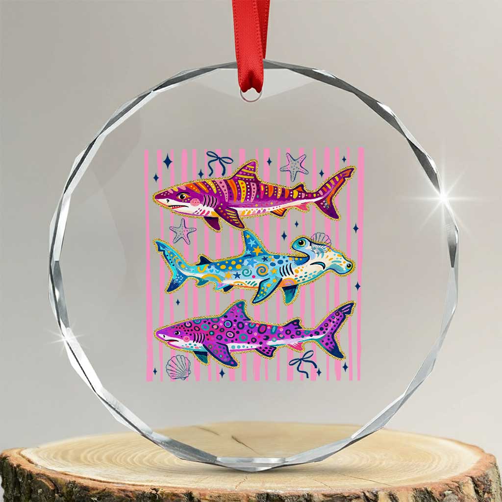 Shark Summer Striped Coastal Ocean Life Glitter Print Crystal Glass Ornament