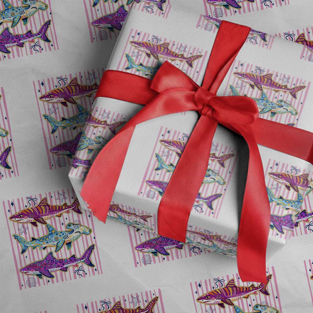 Shark Summer Striped Coastal Ocean Life Glitter Print Wrapping Paper Roll