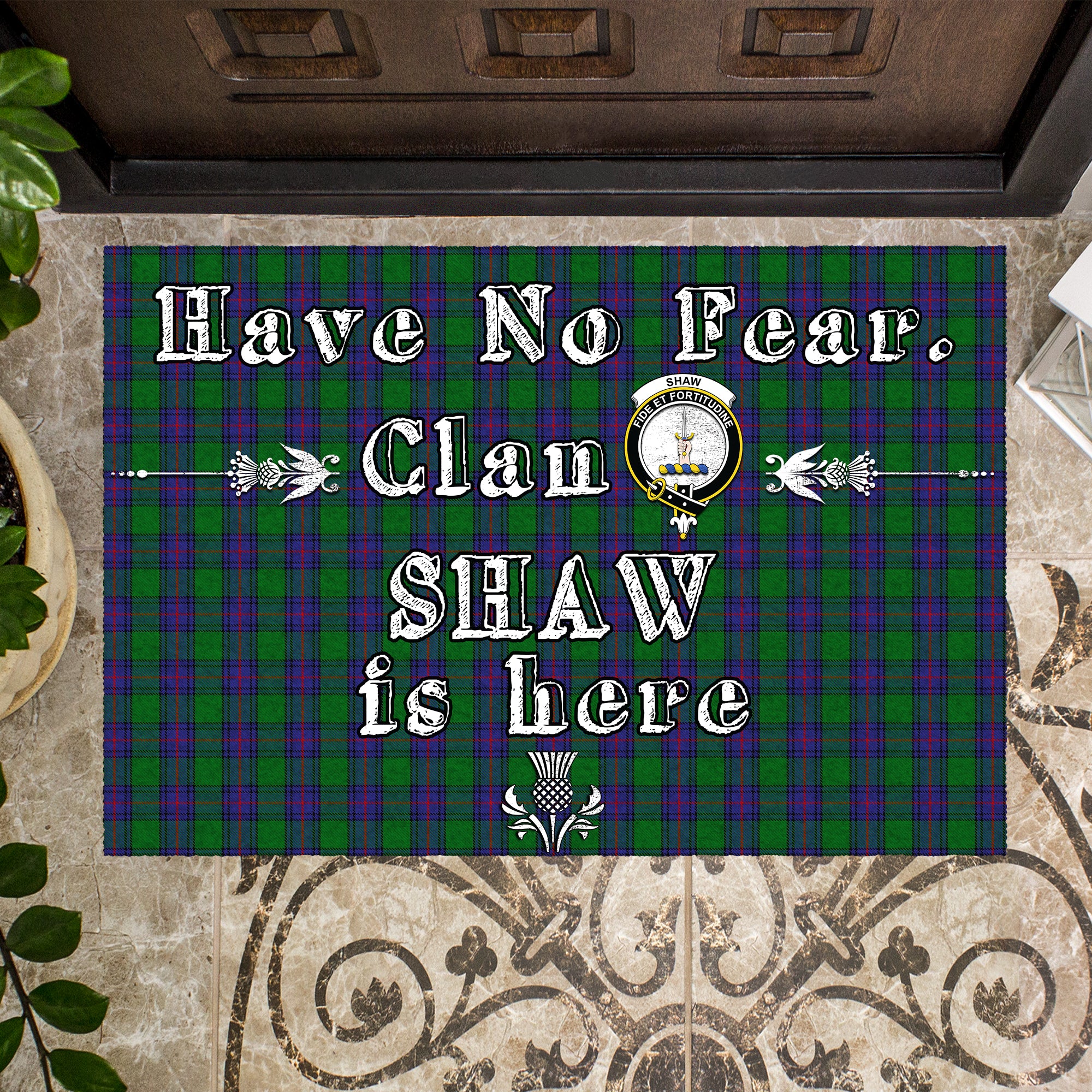 shaw-clan-tartan-door-mat-family-crest-have-no-fear-tartan-door-mat