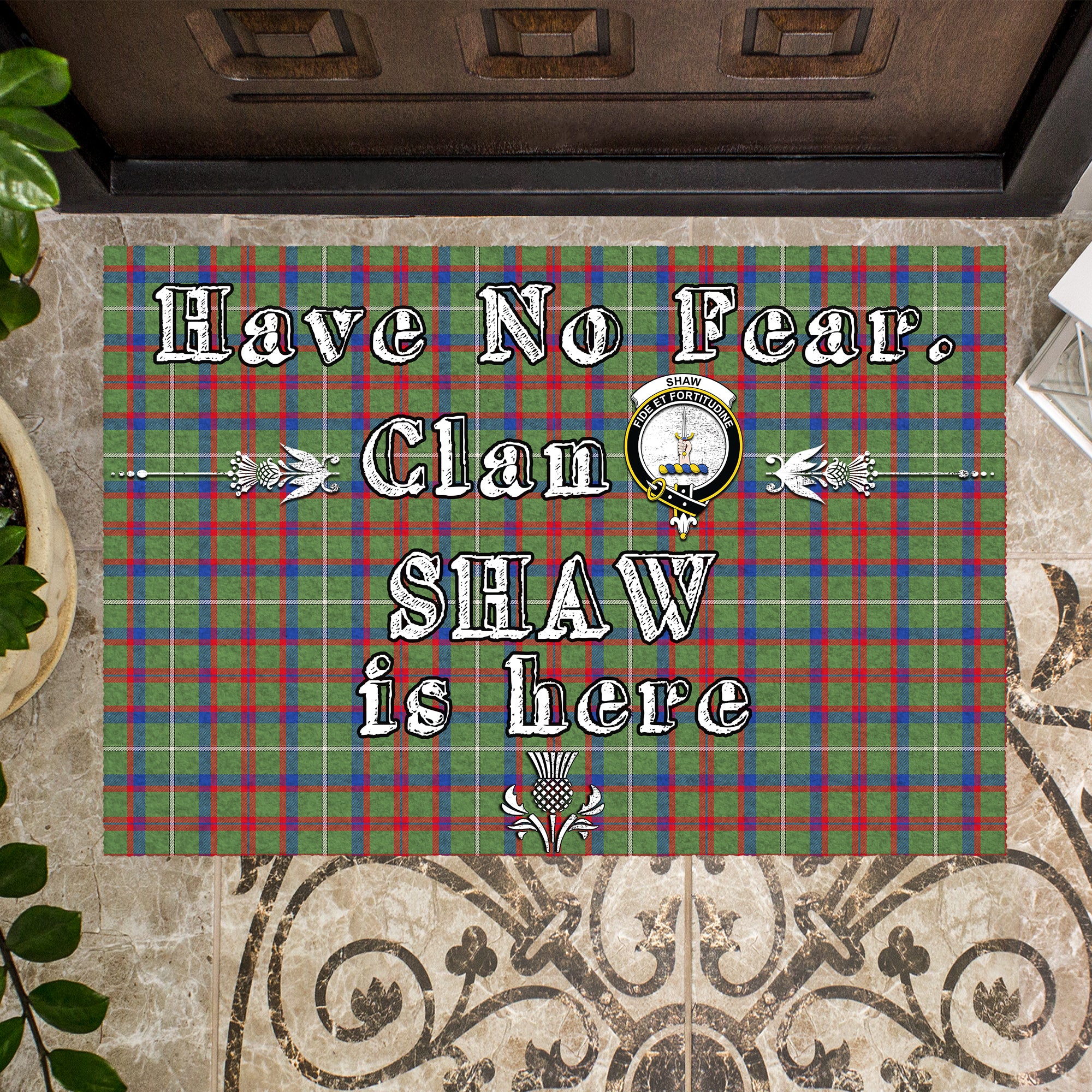 shaw-green-modern-clan-tartan-door-mat-family-crest-have-no-fear-tartan-door-mat