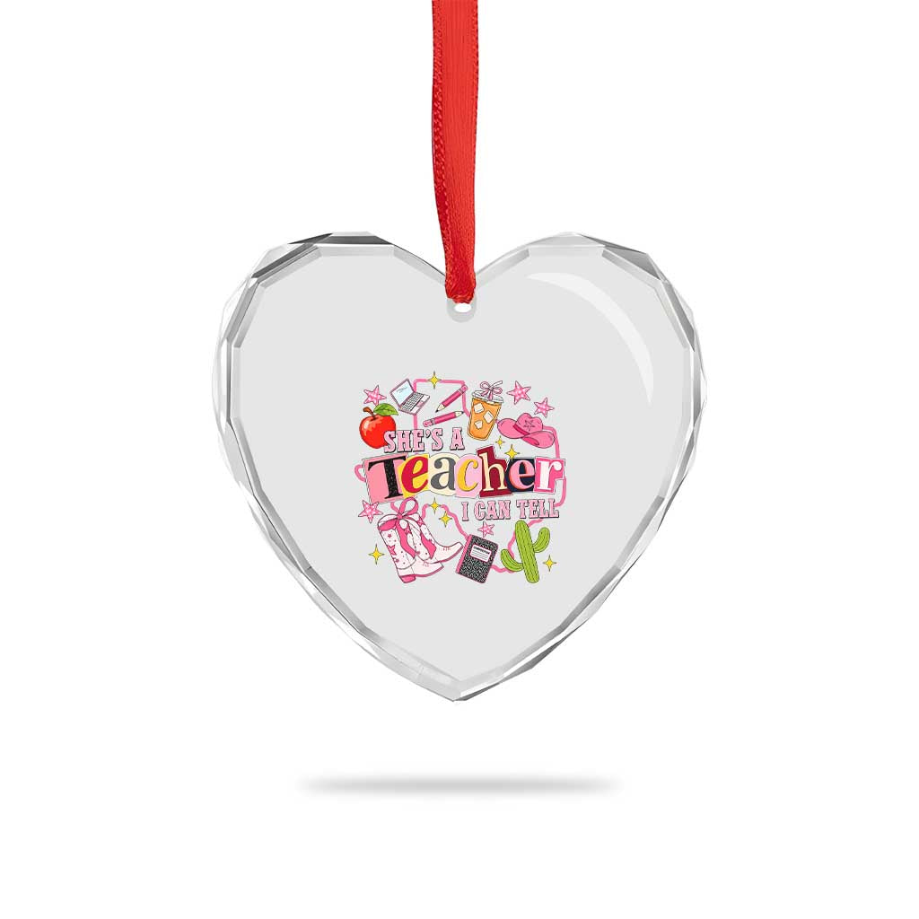 She is a Teacher I Can Tell School Aesthetic Heart Crystal Glass Ornament Retro Groovy Western Cowgirl Texas