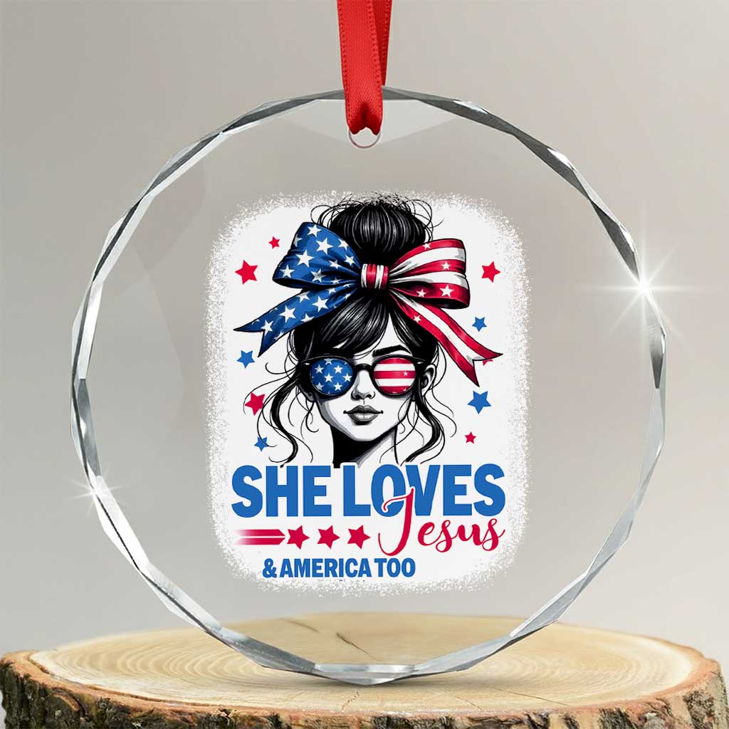 She Loves Jesus And America Too Crystal Glass Ornament Christian 4th of July Messy Bun Flag - Wonder Print Shop
