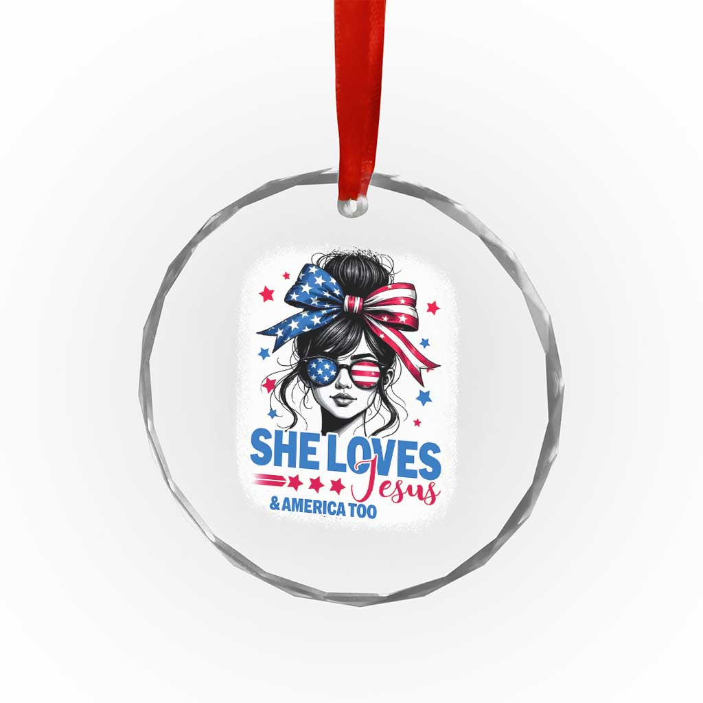 She Loves Jesus And America Too Crystal Glass Ornament Christian 4th of July Messy Bun Flag - Wonder Print Shop