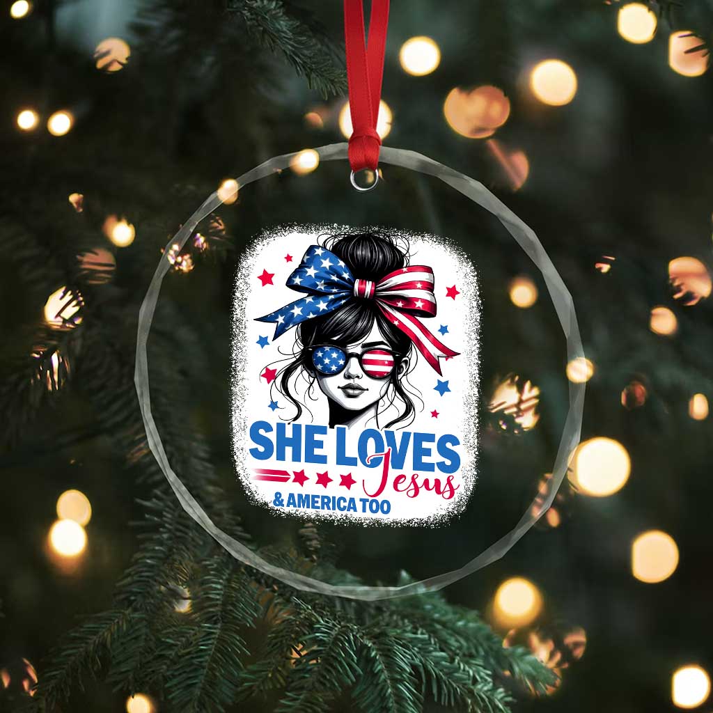 She Loves Jesus And America Too Crystal Glass Ornament Christian 4th of July Messy Bun Flag - Wonder Print Shop