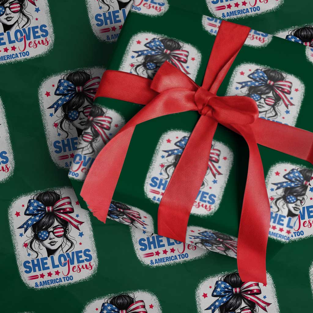She Loves Jesus And America Too Wrapping Paper Roll Christian 4th of July Messy Bun Flag - Wonder Print Shop