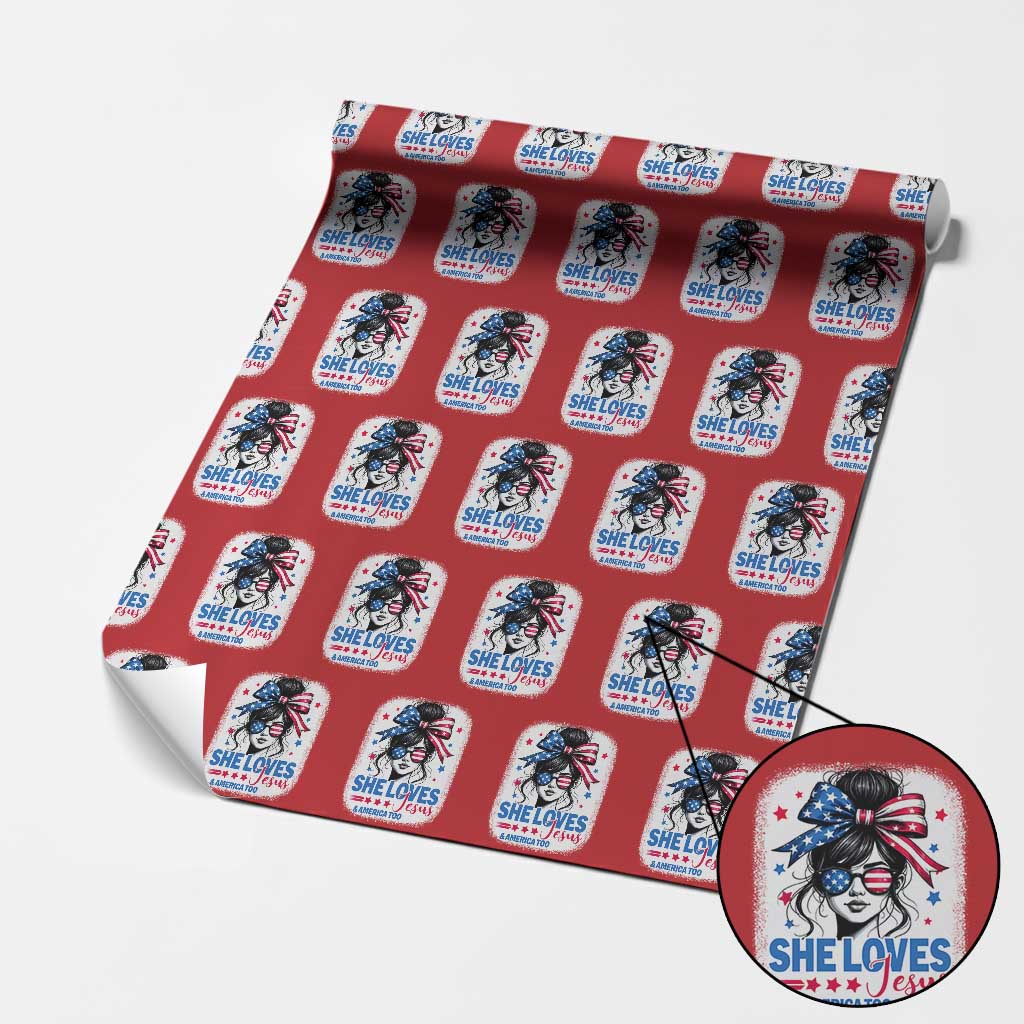 She Loves Jesus And America Too Wrapping Paper Roll Christian 4th of July Messy Bun Flag - Wonder Print Shop