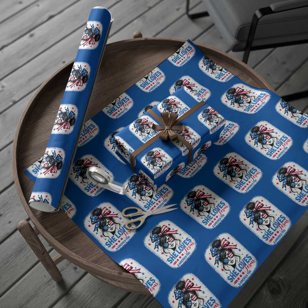 She Loves Jesus And America Too Wrapping Paper Roll Christian 4th of July Messy Bun Flag - Wonder Print Shop