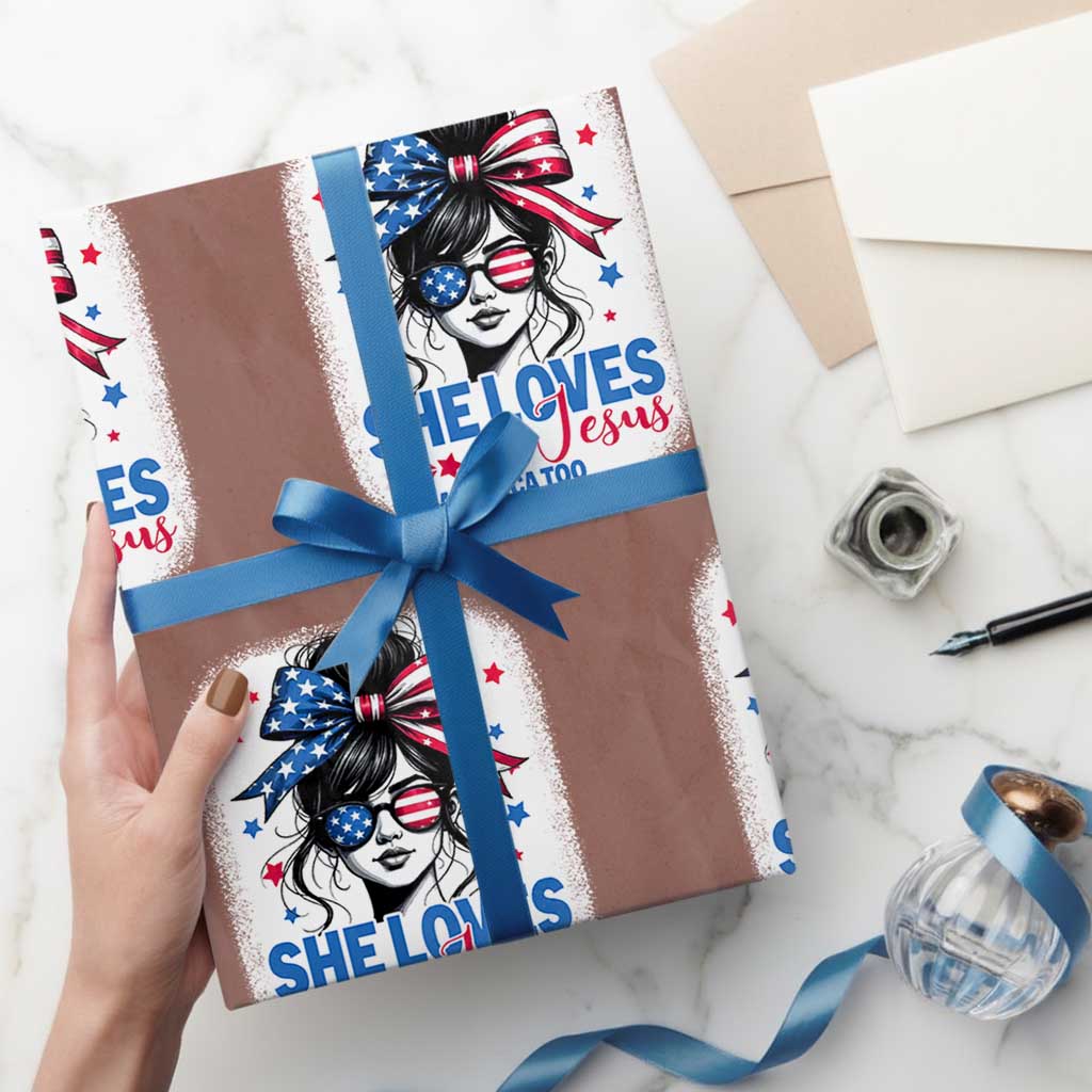 She Loves Jesus And America Too Wrapping Paper Roll Christian 4th of July Messy Bun Flag - Wonder Print Shop
