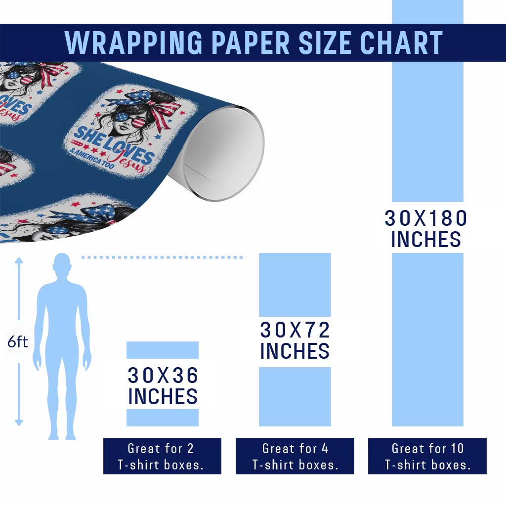 She Loves Jesus And America Too Wrapping Paper Roll Christian 4th of July Messy Bun Flag - Wonder Print Shop