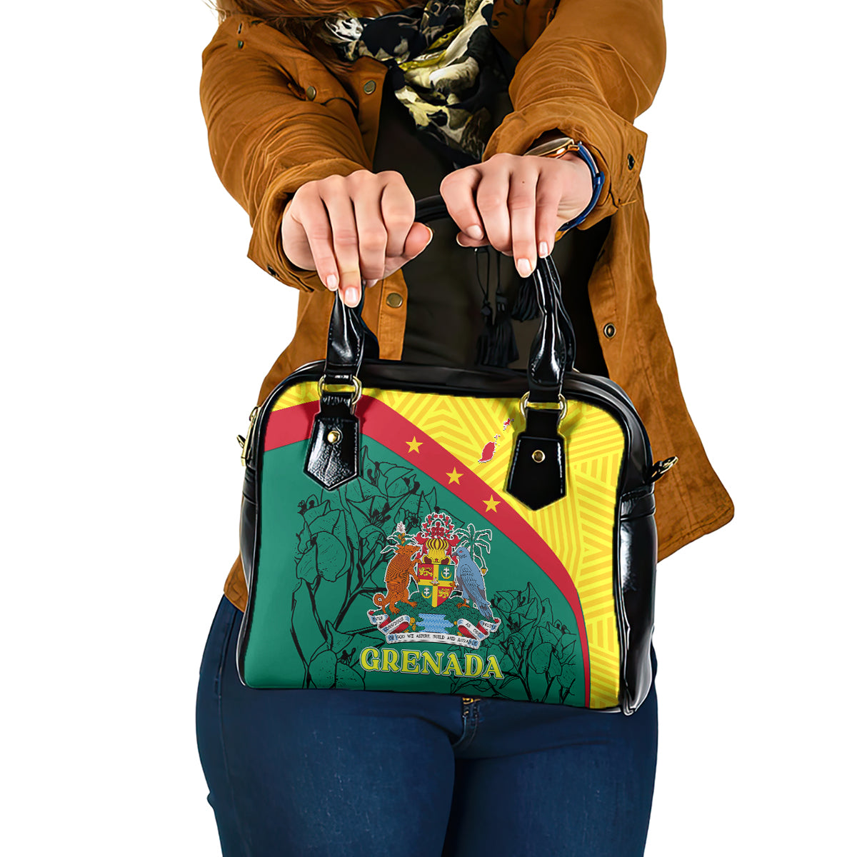 Grenada Shoulder Handbag Coat Of Arms With Bougainvillea Flowers LT7