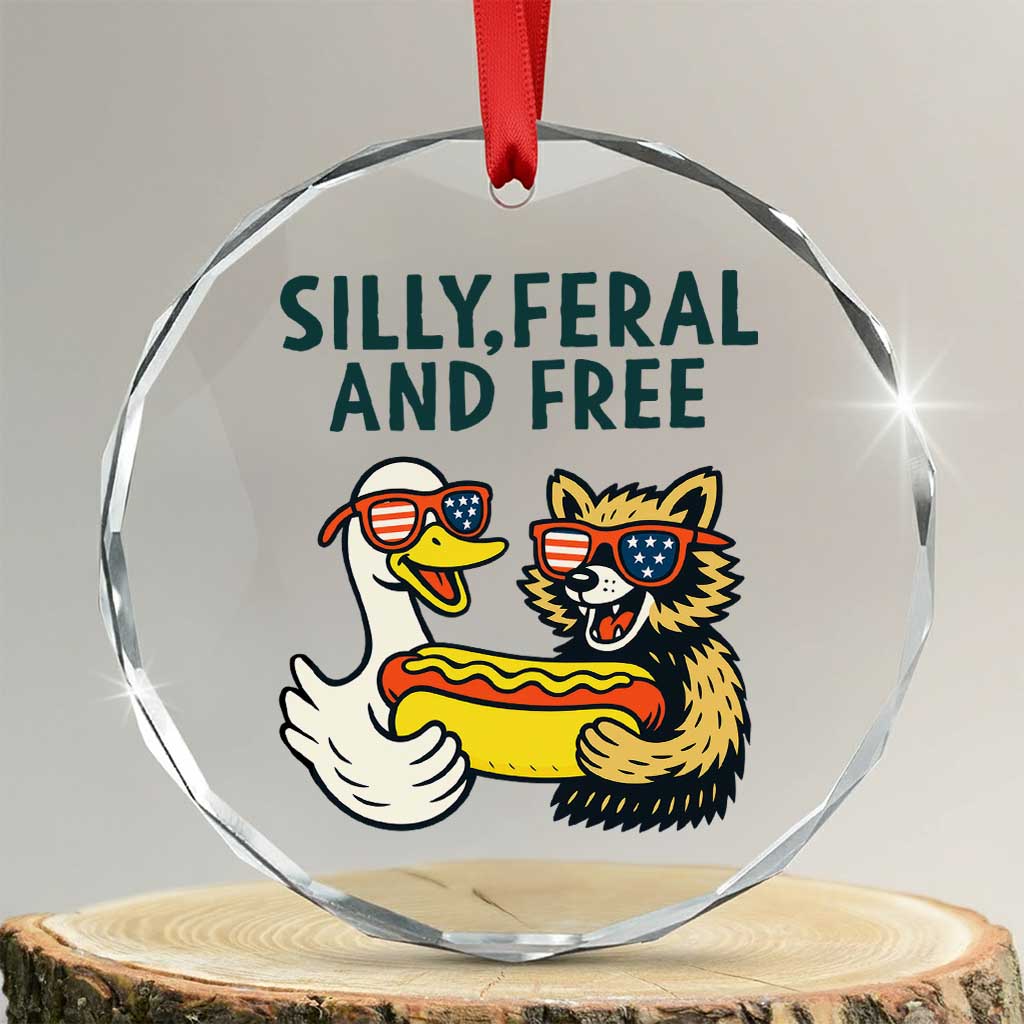 Silly Feral and Free Crystal Glass Ornament Funny Goose and Raccoon 4th of July Patriotic - Wonder Print Shop
