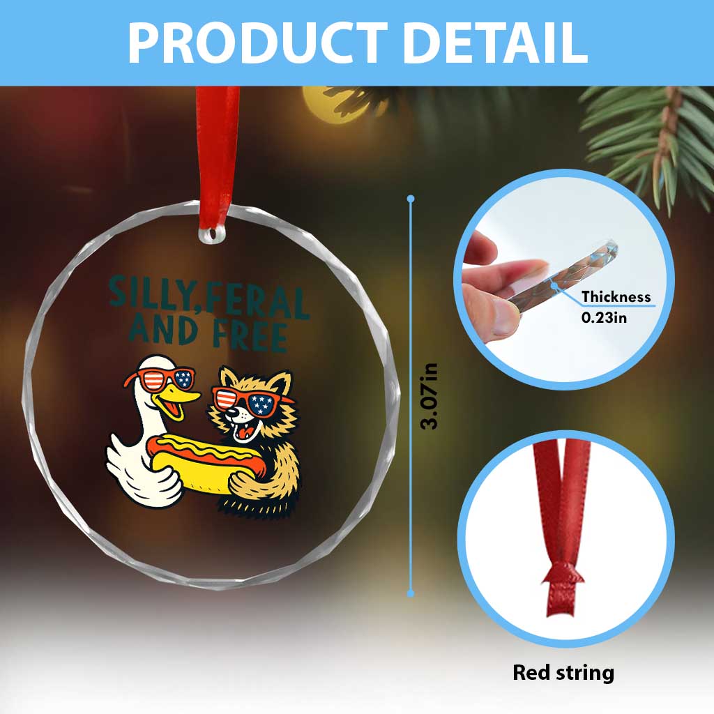 Silly Feral and Free Crystal Glass Ornament Funny Goose and Raccoon 4th of July Patriotic TS02