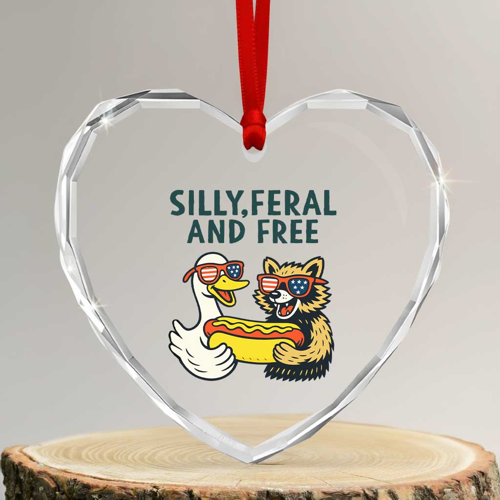 Silly Feral and Free Heart Crystal Glass Ornament Funny Goose and Raccoon 4th of July Patriotic - Wonder Print Shop