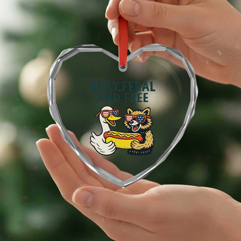 Silly Feral and Free Heart Crystal Glass Ornament Funny Goose and Raccoon 4th of July Patriotic - Wonder Print Shop