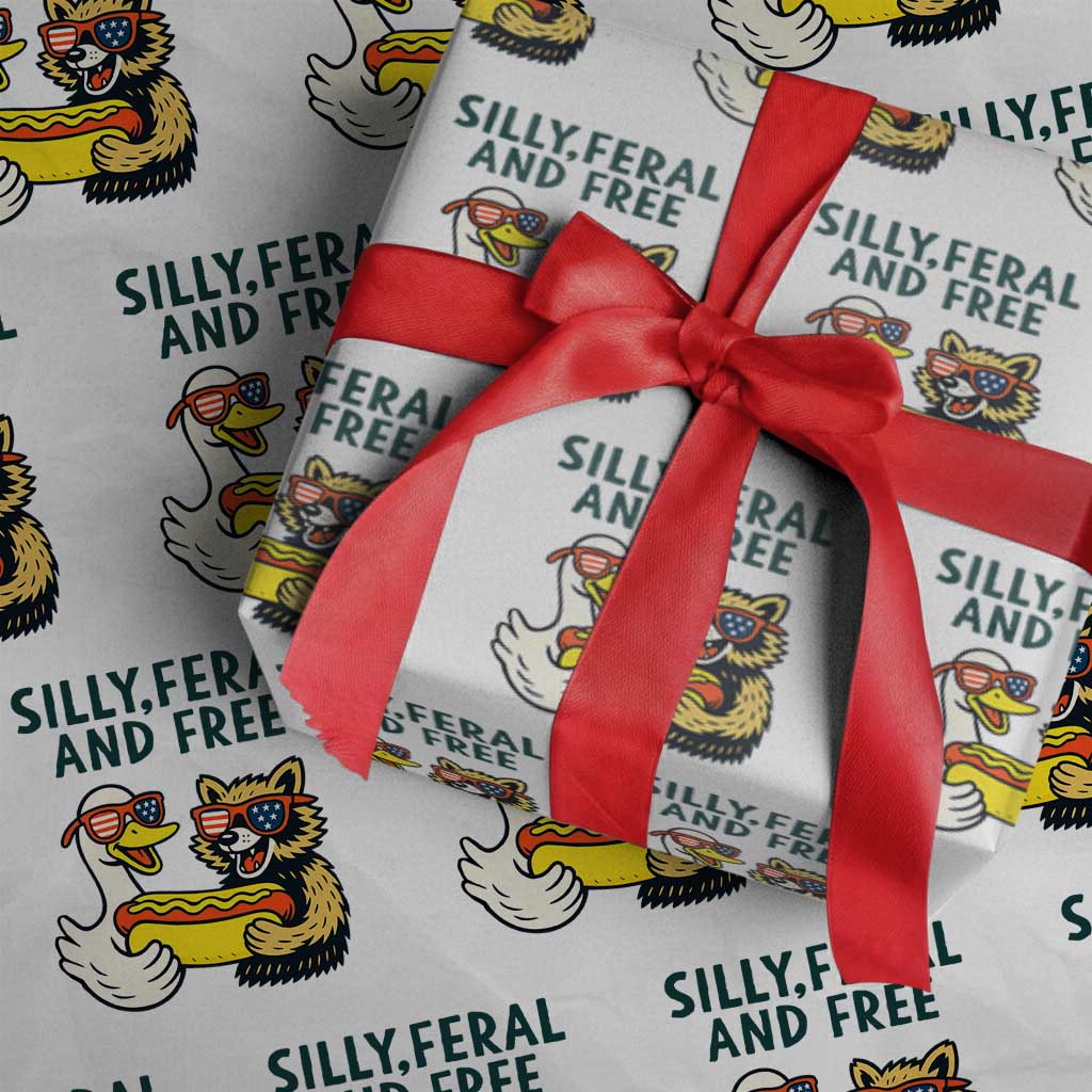 Silly Feral and Free Wrapping Paper Roll Funny Goose and Raccoon 4th of July Patriotic - Wonder Print Shop