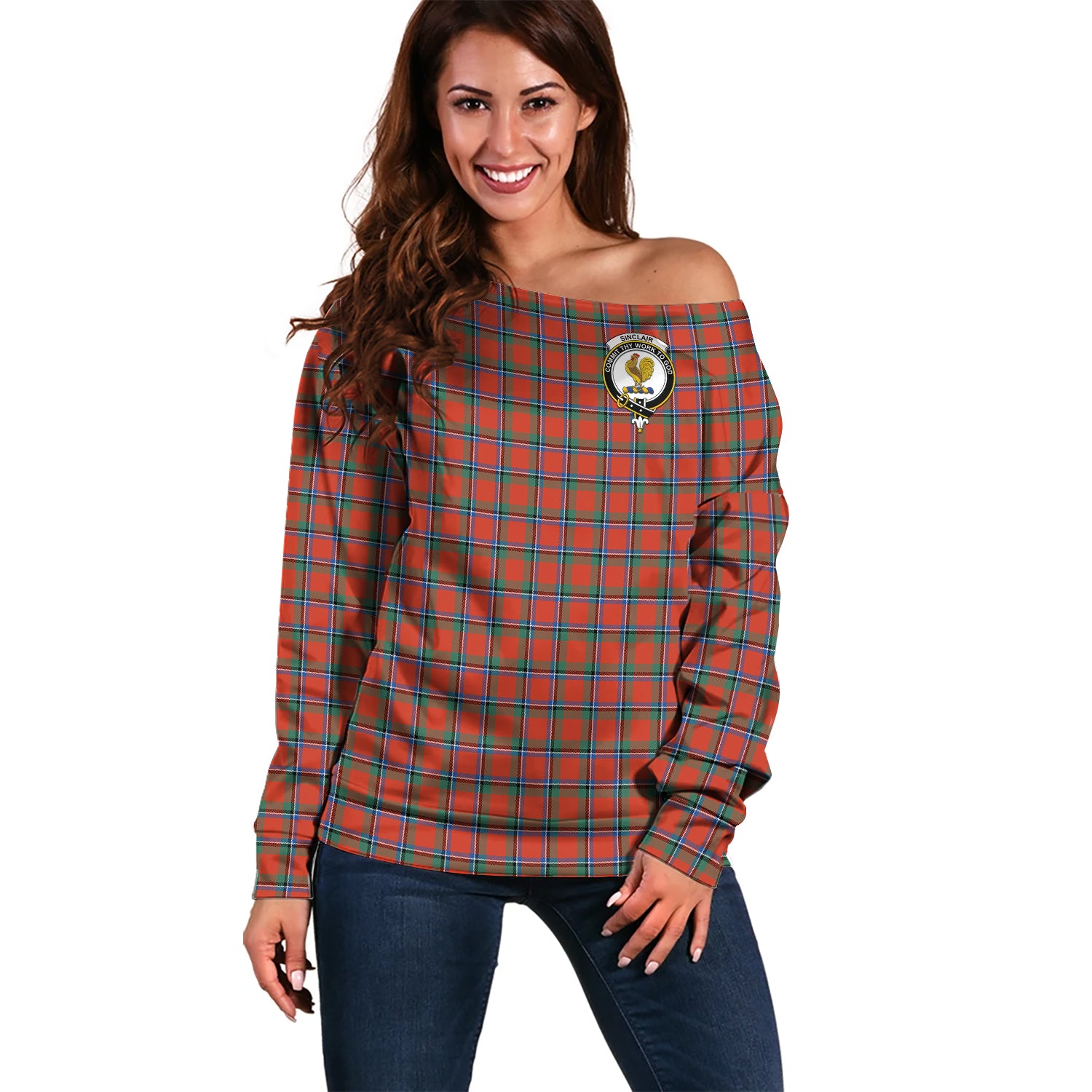 sinclair-ancient-clan-tartan-off-shoulder-sweater-family-crest-sweater-for-women
