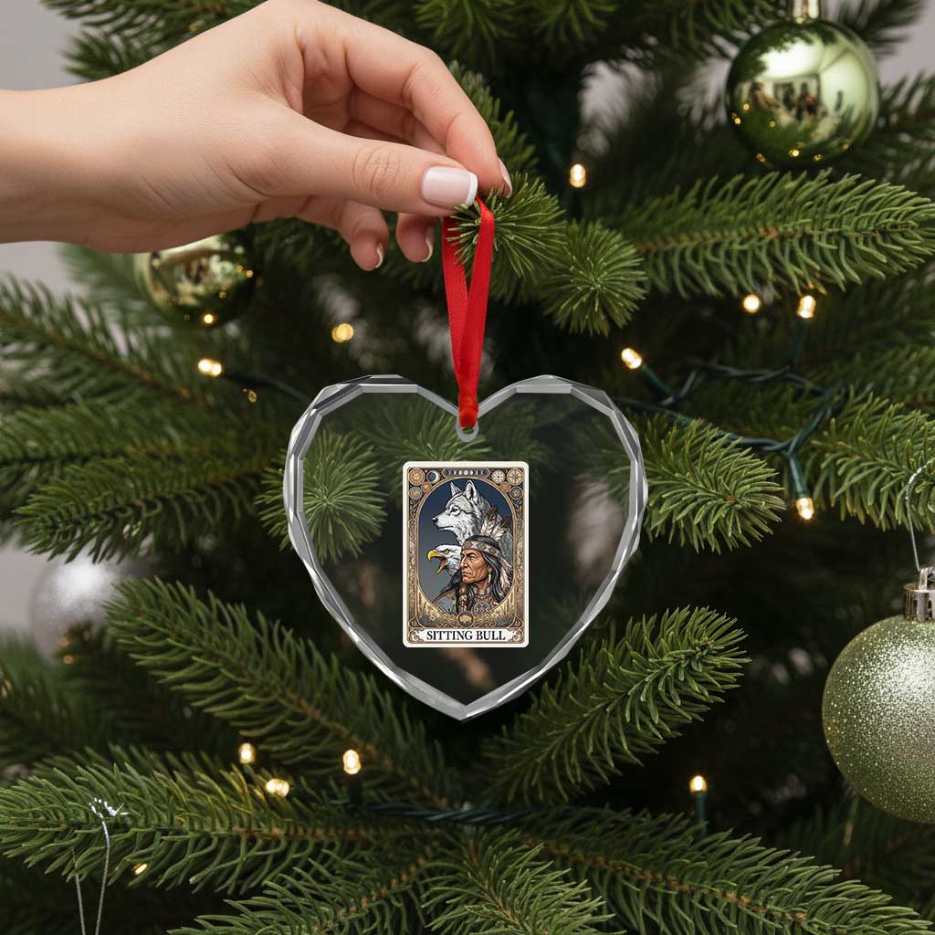 Sitting Bull Native American Chief Heart Crystal Glass Ornament Vintage Tarot Card Illustration