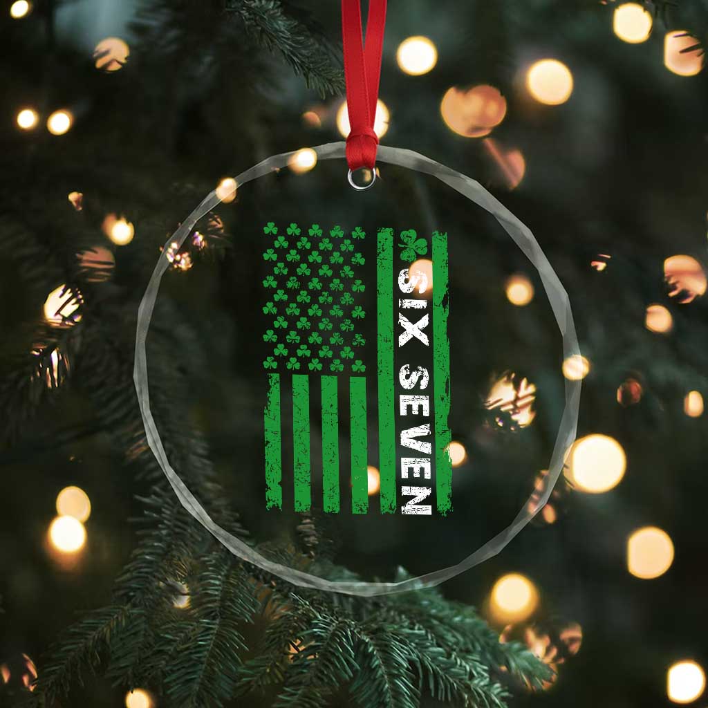 Six Seven 67 St Patricks Day Shamrock Vintage American Flag Crystal Glass Ornament