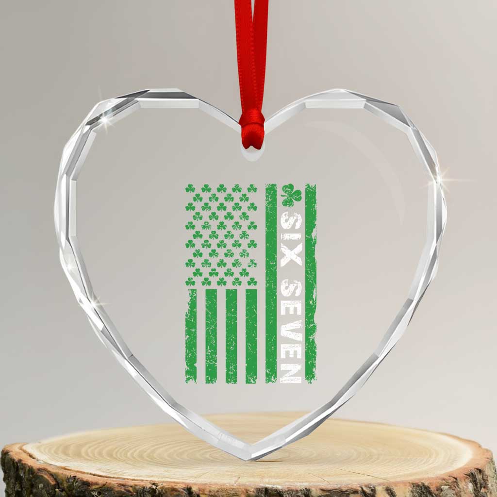 Six Seven 67 St Patricks Day Shamrock Vintage American Flag Heart Crystal Glass Ornament