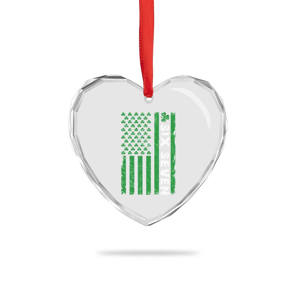 Six Seven 67 St Patricks Day Shamrock Vintage American Flag Heart Crystal Glass Ornament